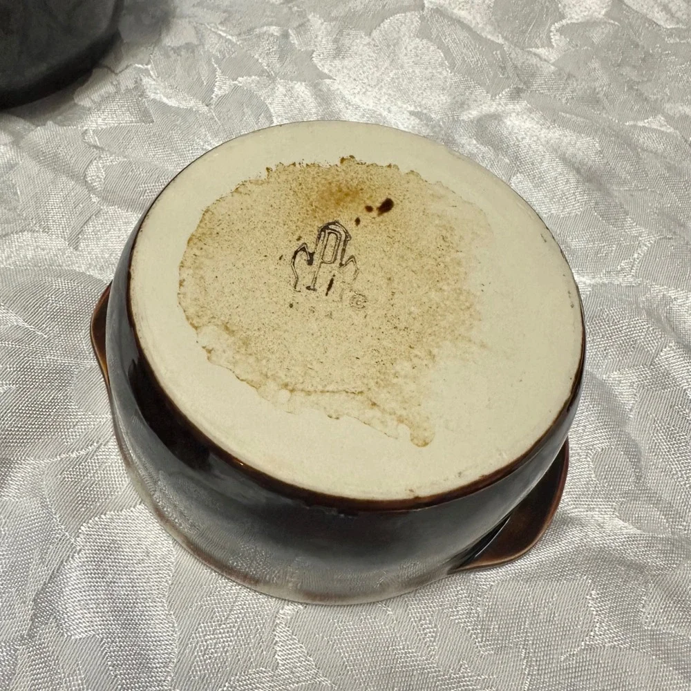 Vintage Pottery Onion Soup Bowls Set 4 Brown Drip Glaze Excellent Lidded Crocks